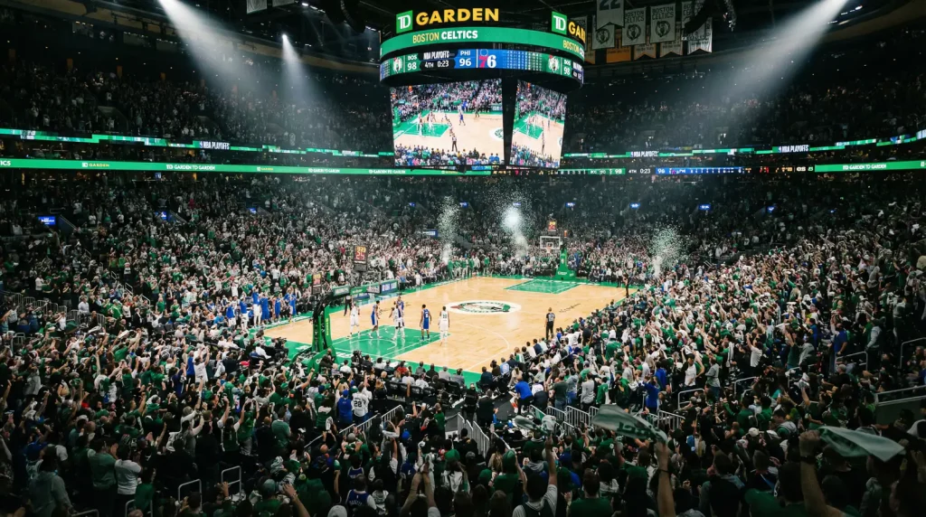 Pavilhão de basquetebol NBA lotado durante um jogo de playoffs