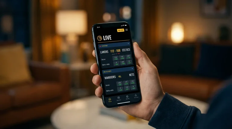 Smartphone com aplicação de apostas NBA aberta