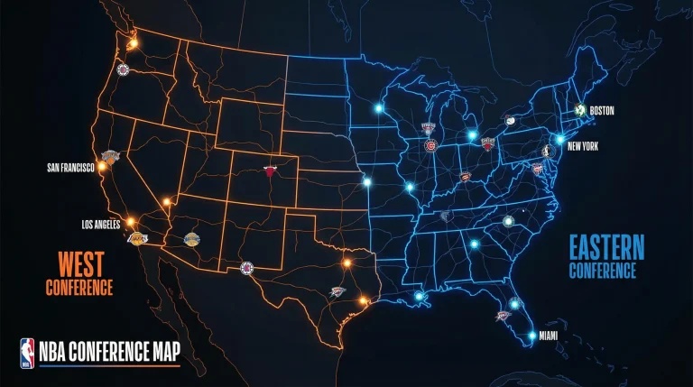 Mapa dos Estados Unidos com conferências Este e Oeste da NBA