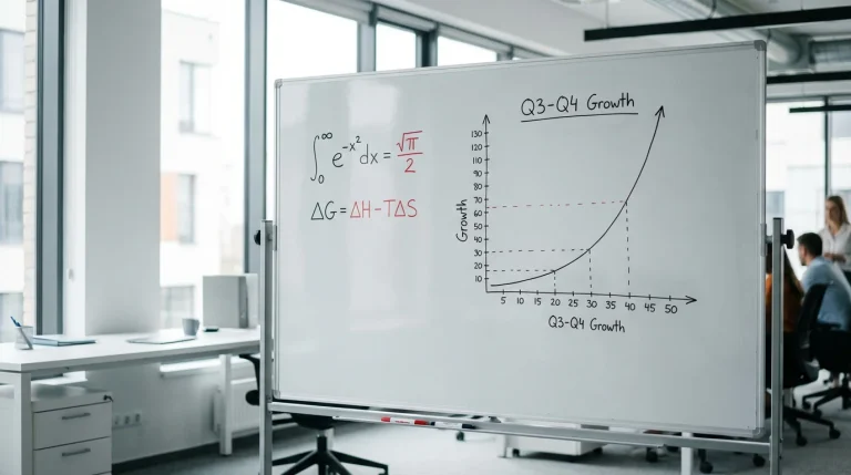 Fórmula matemática escrita num quadro branco com gráfico de crescimento