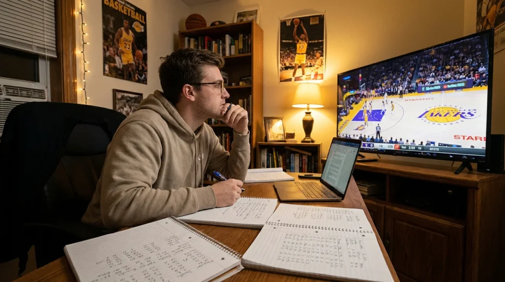 Apostador iniciante a analisar jogo de basquetebol NBA