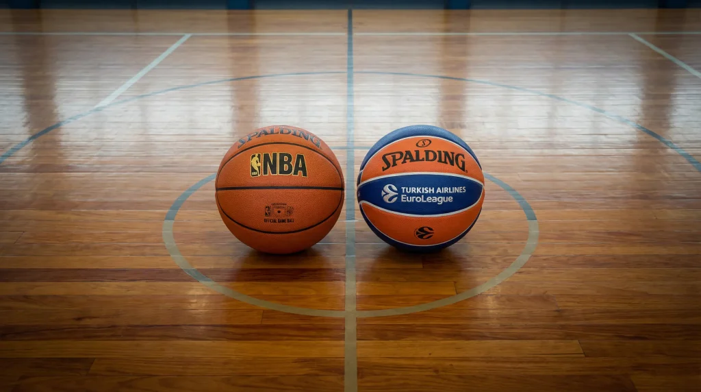 Campo de basquetebol com bolas da EuroLiga e NBA lado a lado