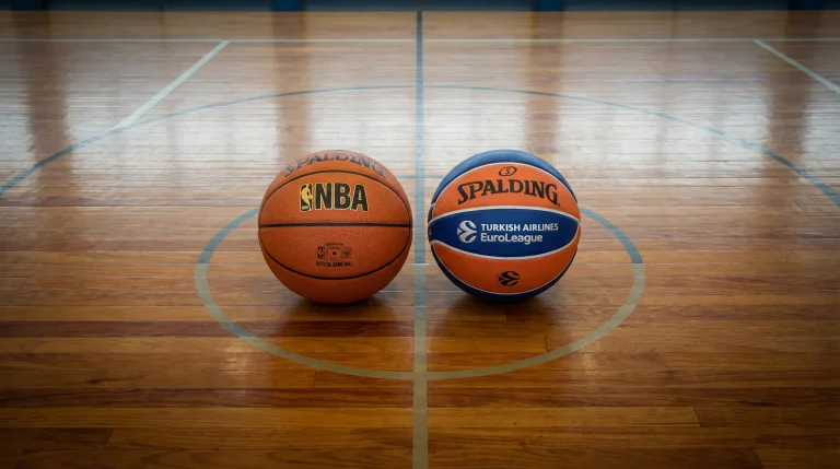 Campo de basquetebol com bolas da EuroLiga e NBA lado a lado