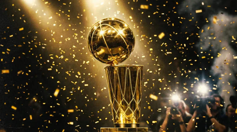 Troféu de campeão da NBA com confettis dourados