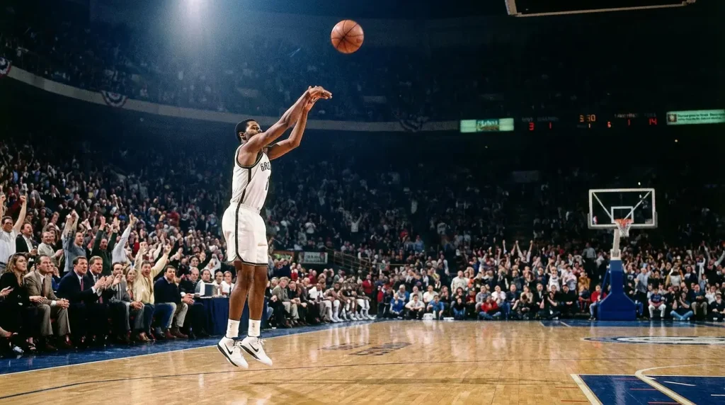 Jogador de basquetebol NBA a lançar um triplo de longa distância