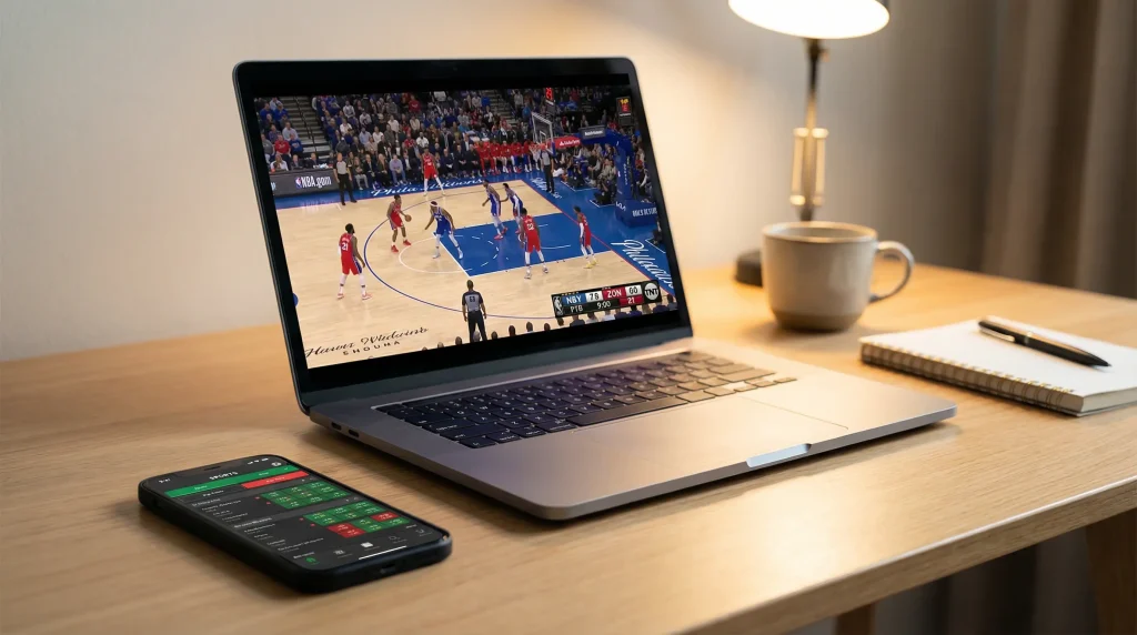 Streaming de jogo NBA num computador portátil com interface de apostas ao vivo