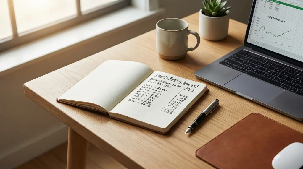 Caderno de notas com cálculos de gestão de banca para apostas desportivas